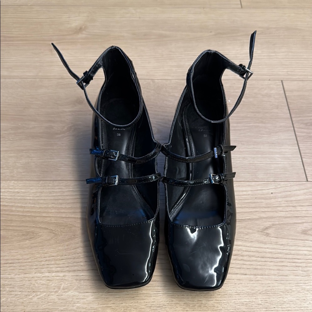Zara Black Heels with Square Toe and Double Straps